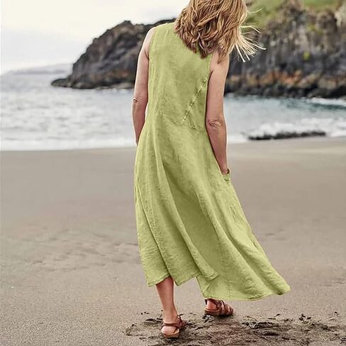 Linen Dress for Women Summer Sleeveless Solid Casual Baggy Flowy Maxi Dresses with Pockets in Kuwait