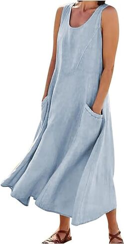 Linen Dress for Women Summer Sleeveless Solid Casual Baggy Flowy Maxi Dresses with Pockets in Kuwait