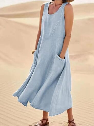 Linen Dress for Women Summer Sleeveless Solid Casual Baggy Flowy Maxi Dresses with Pockets in Kuwait