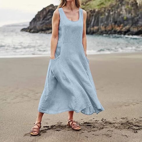 Linen Dress for Women Summer Sleeveless Solid Casual Baggy Flowy Maxi Dresses with Pockets in Kuwait