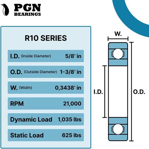 محمل PGN (10 عبوات) R10-ZZ - محمل كروي مختوم من الصلب الكروم المشحم - محامل 5/8 بوصة × 1-3/8 بوصة × 0.3438 بوصة مع درع معدني ودعم دورة في الدقيقة العالية in Saudi Arabia