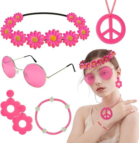 Hippie Costume Accessories Set Peace Sign Necklace Sunglasses Flower Headband Earrings for 60s 70s Outfit Party Women in Kuwait