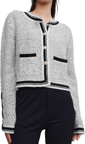 Women's Casual Cardigans Open Front Contrast Trim Short Button Long Sleeved Cropped Sweater Outwear in Saudi Arabia
