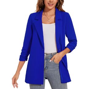 Women's Long Blazer Jackets Button Front Lapel Ruched 3/4 Sleeve Business Casual Office Work Lightweight Blazers