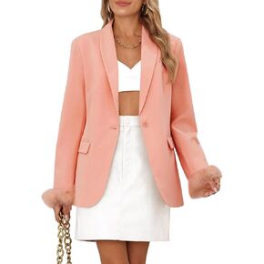 Cicy Bell Womens Casual Oversized Blazers Feather Fuzzy Cuff Long Sleeve Lapel Open Front Blazer Jackets