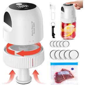 Electric Mason Jar Vacuum Sealer Kit - 3 in 1 Automatic Vacuum Sealer for Wide & Regular Mouth Mason Jars Vacuum Bags, Rechargeable Portable Vacuum Sealer for Jars for Food Storage
