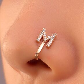 Crystal Initial Nose Ring Gold Fake Septum Nose Rings Copper Inlaid Zircon Letter A Nose Cuff Tiny Alphabet U-shaped Clip On Nose Ring Bendable Non Piercing Nose Jewelry for Women Girls