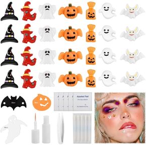 ZS Halloween Fake Body Jewelry, Skull Ghost Fake Lip Labret Studs Fake Nose Stud Eyebrow Ring with Eyelash Glue, Non-Piercing Face Nail Jewelry Fake Skin Piercing Jewelry for Women Men