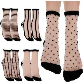 Lusofie 5Pairs Sheer Ankle Socks Black See Through Socks Striped Plaid Dot Cute Transparent Socks for Women Girls