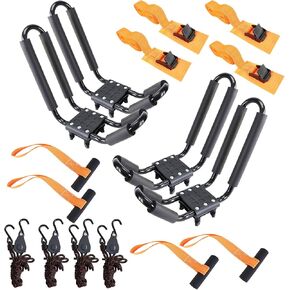 Kayak Roof Rack 2 Pairs Heavy Duty J-Bar Carrier Holder for Canoe, SUV, Cars, Truck, Surf Ski, Tie-Mount on Car Roof Top Crossbar for Trip - Includes 8 Pcs Ratchet, Set of 4