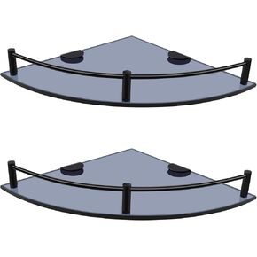 Glass Bathroom Shelves, Set of 2 Glass Corner Shelf Wall Mount, Shower Corner Shelves with Rail, Floating Glass Shelves for Bathroom Kitchen Livingroom (Slivery)