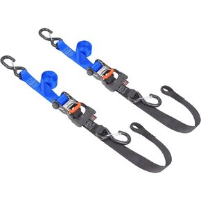 PowerTye 1.5in x 6.5ft Ergonomic Locking Ratchet Soft-Tye Straps with Heavy-Duty Latch Hooks - Made in USA - 1,000 lb. Working Load Limit / 3,000 lb. Breaking Strength - Red/Black (Pair)