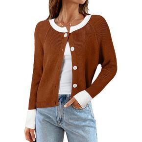 Sidefeel Women's 2024 Fall Long Sleeve Crewneck Cropped Cardigan Sweaters Contrast Button Down Knit Sweaters Coat