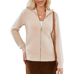 GRACE KARIN Women's 2024 Zip Up Cardigan Sweater Lapel Ribbed Knit Long Sleeve Sweater Jacket with Pockets Warm Outwear