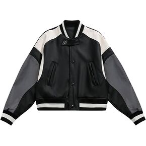Aelfric Eden Women’s Multicolor Patchwork PU Leather Jackets Unisex Athletic Baseball Jackets Vintage Button Streetwear