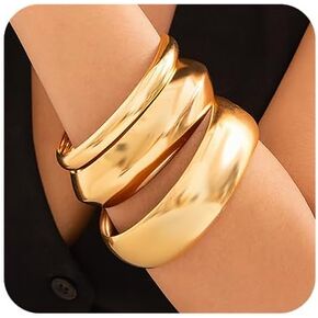 Chargances 3pcs Gold Chunky Bangle Bracelets Trendy Wide Statement Minimalist Cuff Set Fashion Wrist Bracelet Jewelry Accessories for Women and Girls