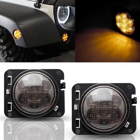 Xotic Tech Smoked Lens LED Front Grill Marker Turn Signal Indicator Parking Light Lamps, Compatible with Jeep Wrangler JK JKU 2007-2017 3000K Amber