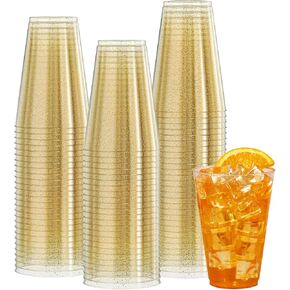 Vplus 100 Count 14 OZ Gold Glitter Heavy Duty Large Plastic Cups, Disposable Plastic Glasses Tumblers, Elegant Wedding Birthday Party Cups