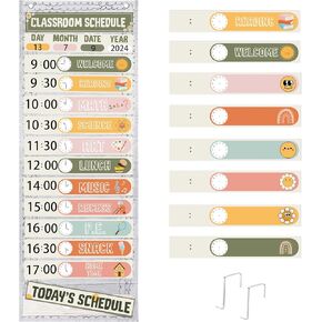 Daily Schedule Pocket Chart for Classroom, Calendar Pocket Chart 13+1 Pockets, 21 Reusable Cards for Classroom School 13" x 36" (Soft Color,Boho)