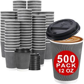 Lamosi 500 Pack - 12 oz Insulated Disposable Coffee Cups with Lids, To Go Paper Coffee Cups with Lids, Corrugated Ripple Wall Cup for Hot Drink Office Coffee Bar (Grey)