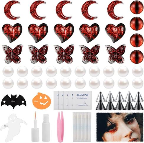 ZS Halloween Fake Body Jewelry, Skull Ghost Fake Lip Labret Studs Fake Nose Stud Eyebrow Ring with Eyelash Glue, Non-Piercing Face Nail Jewelry Fake Skin Piercing Jewelry for Women Men in Saudi Arabia