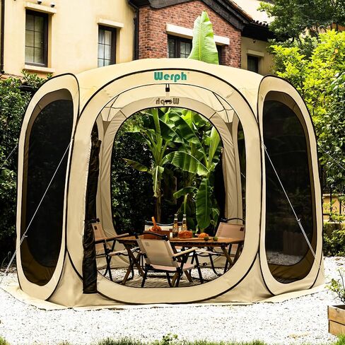 10x10 Pop Up Canopy, Portable Canopy Tent with Mesh Mosquito Net, Screen House Room Camping Canopy Shade Tent with Carry Bag for Patio, Backyard, Sports & Outdoors Activities in Beige in Saudi Arabia