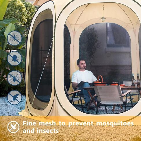10x10 Pop Up Canopy, Portable Canopy Tent with Mesh Mosquito Net, Screen House Room Camping Canopy Shade Tent with Carry Bag for Patio, Backyard, Sports & Outdoors Activities in Beige in Saudi Arabia