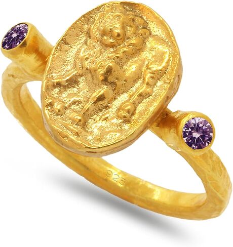 Caprixus Signet Ring 925 Sterling Silver Lion Ring Ancient Coin Ring 24K Gold Vermeil Designer Handmade Rings for Women Hammered Pinky Ring Diamond Cut Champagne Cubic Zirconia Turkish Fine Jewelry in Kuwait