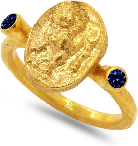 Caprixus Signet Ring 925 Sterling Silver Lion Ring Ancient Coin Ring 24K Gold Vermeil Designer Handmade Rings for Women Hammered Pinky Ring Diamond Cut Champagne Cubic Zirconia Turkish Fine Jewelry in Kuwait