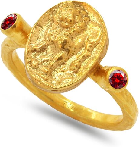 Caprixus Signet Ring 925 Sterling Silver Lion Ring Ancient Coin Ring 24K Gold Vermeil Designer Handmade Rings for Women Hammered Pinky Ring Diamond Cut Champagne Cubic Zirconia Turkish Fine Jewelry in Kuwait