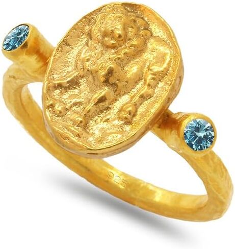Caprixus Signet Ring 925 Sterling Silver Lion Ring Ancient Coin Ring 24K Gold Vermeil Designer Handmade Rings for Women Hammered Pinky Ring Diamond Cut Champagne Cubic Zirconia Turkish Fine Jewelry in Kuwait
