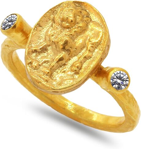 Caprixus Signet Ring 925 Sterling Silver Lion Ring Ancient Coin Ring 24K Gold Vermeil Designer Handmade Rings for Women Hammered Pinky Ring Diamond Cut Champagne Cubic Zirconia Turkish Fine Jewelry in Kuwait