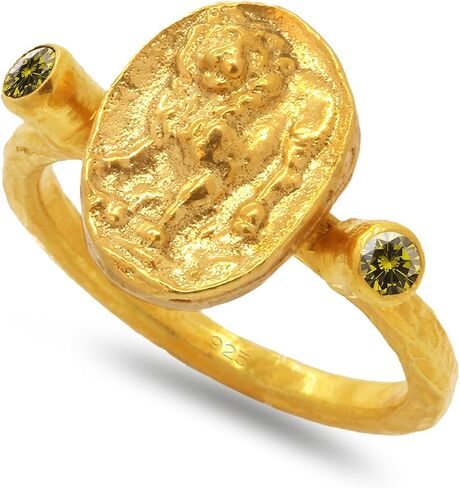 Caprixus Signet Ring 925 Sterling Silver Lion Ring Ancient Coin Ring 24K Gold Vermeil Designer Handmade Rings for Women Hammered Pinky Ring Diamond Cut Champagne Cubic Zirconia Turkish Fine Jewelry in Kuwait