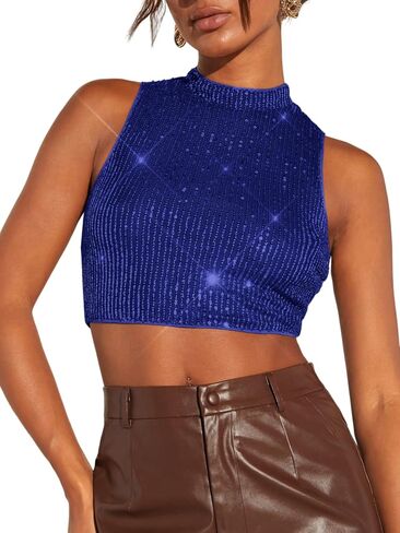 Floerns Women's Mock Neck Sleeveless Sequin Party Sparkly Crop Tank Tops Clubwear in Saudi Arabia