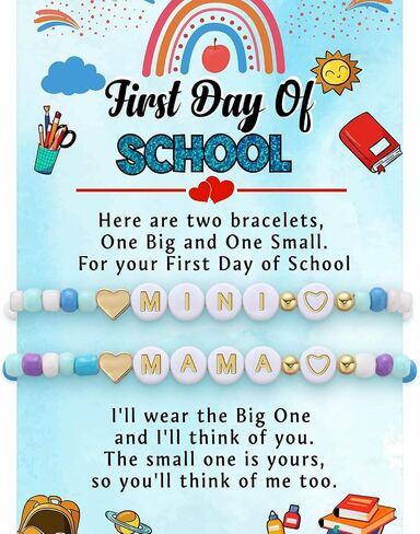 First Day Of Kindergarten Bracelet For Mommy and Me, Back To School 2Pcs/Set Letter Heart Flower Pendant Colorful Beads Silicone Gift Jewelry in Saudi Arabia