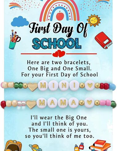 First Day Of Kindergarten Bracelet For Mommy and Me, Back To School 2Pcs/Set Letter Heart Flower Pendant Colorful Beads Silicone Gift Jewelry in Saudi Arabia