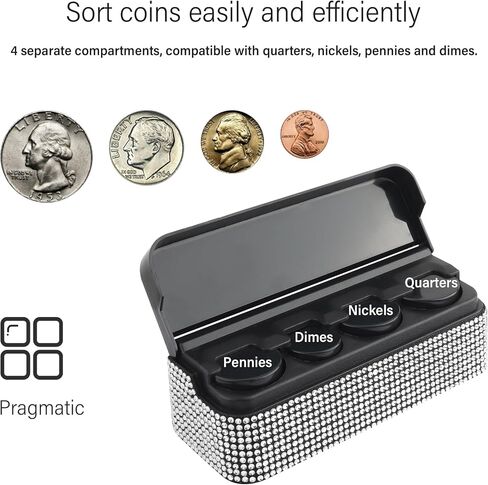 Bling Coin Holder for Car,4 Compartment Car Organizers and Storage with Rhinestones Compatible with Quarter/Nickel/Pennies/Dimes,Universal Coin Organizer for Car Truck SUV (Black) in Saudi Arabia