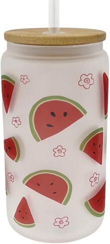 16oz Frosted Glass With Bamboo Lid and Plastic Straw - Summer (Butterfly #1, 16oz) in Kuwait