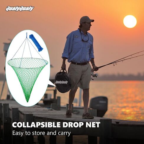 QualyQualy Bridge and Pier Fishing Net, Foldable Drop Net for Pier Fishing with Rope, Landing Net Soft Steel Hoop and Nylon Mesh Net in Saudi Arabia