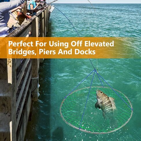 QualyQualy Bridge and Pier Fishing Net, Foldable Drop Net for Pier Fishing with Rope, Landing Net Soft Steel Hoop and Nylon Mesh Net in Saudi Arabia
