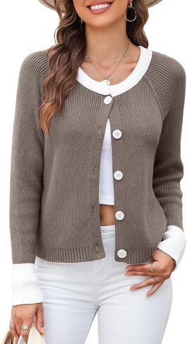 Sidefeel Women's 2024 Fall Long Sleeve Crewneck Cropped Cardigan Sweaters Contrast Button Down Knit Sweaters Coat in Saudi Arabia
