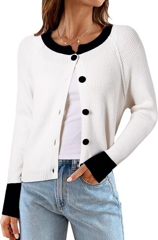 Sidefeel Women's 2024 Fall Long Sleeve Crewneck Cropped Cardigan Sweaters Contrast Button Down Knit Sweaters Coat in Saudi Arabia