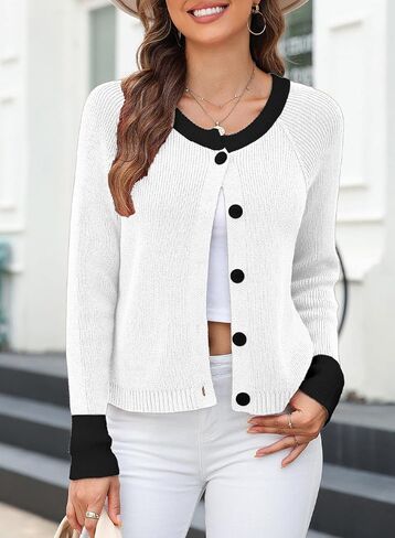 Sidefeel Women's 2024 Fall Long Sleeve Crewneck Cropped Cardigan Sweaters Contrast Button Down Knit Sweaters Coat in Saudi Arabia