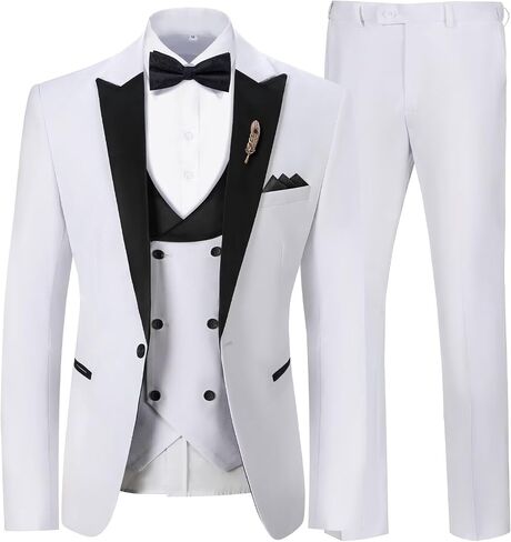 Mens Suit Slim Fit 3 Piece Suit Blazer Vest Pants Sets with Bow Tie Handkercher Brooch for Men for Wedding Prom Party in Kuwait
