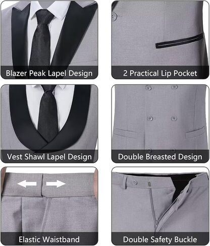Mens Suit Slim Fit 3 Piece Suit Blazer Vest Pants Sets with Bow Tie Handkercher Brooch for Men for Wedding Prom Party in Kuwait