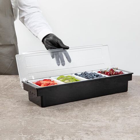 Restaurantware Bar Lux 19.6 x 6.3 x 3.7 Inch Condiment Caddy 1 Durable Bar Caddy - 4 Removable Compartments Built-In Lid Black Plastic Condiment Holder For Restaurant Store Cocktail Garnish in Kuwait