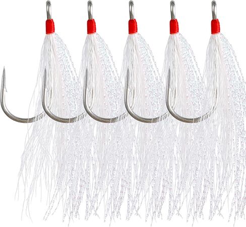 Bucktail Teaser Fishing Hooks,5pcs Saltwater Flounder Rig Stainless Steel Fishing Jig Hooks Bucktail Mylar Flash Teasers Inserted for Striper Catfish Cod Flounder Hi/Lo Rig in Saudi Arabia