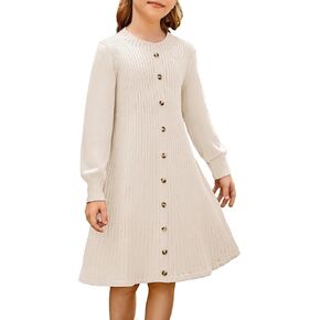 GRACE KARIN Girls Ribbed Knitted Sweater Dress Long Sleeve Casual Fall Winter Dress with Belt Size 5-14 Years