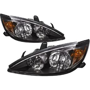 Headlight Assembly for 2002 2003 2004 Toyota Camry Replacement Headlamp Chrome Housing Amber Reflector Clear Lens Lamp Set