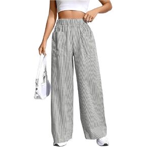 Floerns Women's Striped Print Elastic High Waist Pocket Front Wide Leg Pants